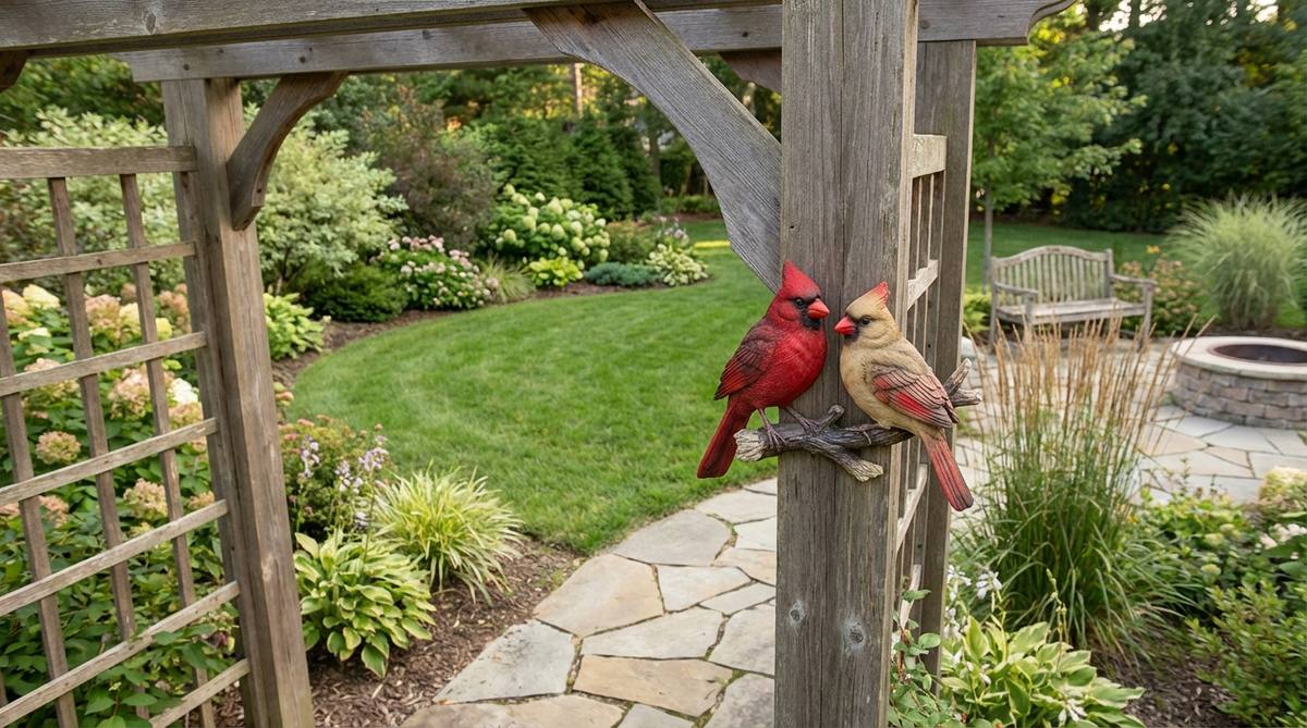 A hand-painted resin garden decor piece featuring a male and female cardinal perched together on a branch. The male cardinal displays vibrant crimson red, while the female has subtle tan feathers with red accents, adding color to neutral garden backgrounds. Ideal for mounting on fence posts or arbors, it symbolizes year-round presence as cardinals do not migrate, making it a meaningful addition to seasonal gardens.
