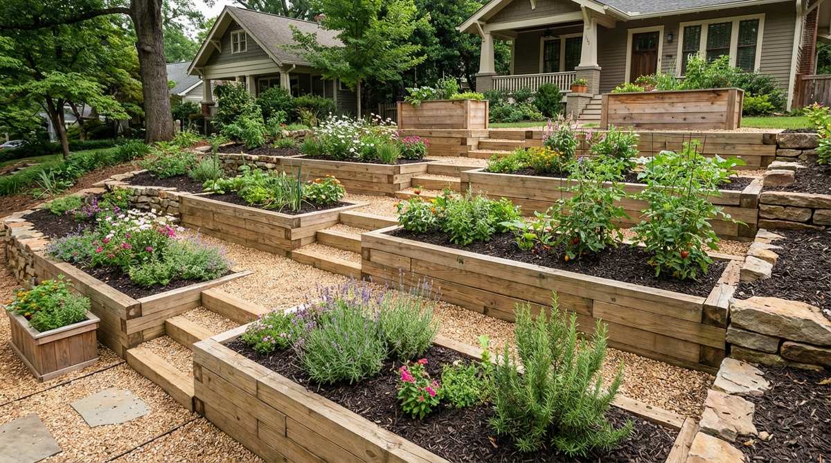 A narrow terraced garden system on a slope, featuring stacked levels in rapid succession creating a waterfall effect. Each terrace is 2-4 feet deep with short 12-18 inch retaining walls, optimized for single-row plantings and compact garden beds. The design maximizes planting area on limited slopes with evenly spaced terraces maintaining visual rhythm, suitable for DIY weekend projects.