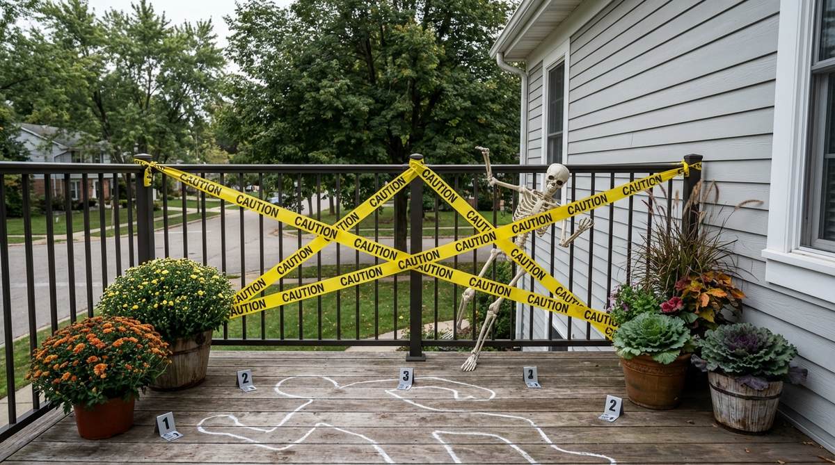 Halloween balcony decor featuring yellow and black caution tape crisscrossed over railings, chalk body outlines on flooring, and evidence markers creating a detective thriller atmosphere. A skeleton reaches through the tape as if attempting escape, with chaotic tape patterns suggesting a struggle. Budget-friendly decor with high visual impact and stark color contrast for visibility from street level.