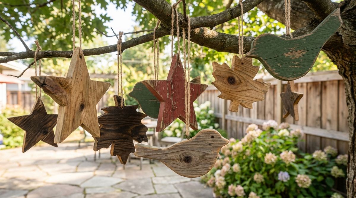 A close-up photo of laser-cut or hand-carved cedar wood ornaments with natural textures, showcasing how these rustic pieces can be stained or painted for customization while complementing garden environments. The image highlights the organic details and weather-resistant properties of cedar wood cutouts used to decorate outdoor trees.