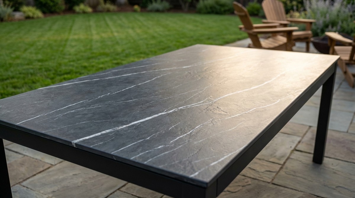 A high-density ceramic surface mimicking natural stone with white veining against a dark background, showcasing superior fade resistance and heat tolerance for modern garden tables.