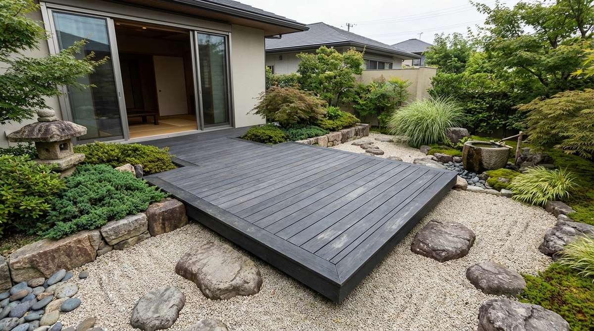A weather-resistant charcoal composite decking platform in a modern Japanese garden, designed to float above gravel fields and connect indoor living spaces to outdoor Zen zones. The dark finish visually recedes to emphasize surrounding plantings and stone features.