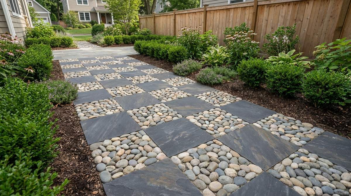 A geometric stone garden mosaic featuring alternating squares of flat pebbles and tile in a checkerboard pattern, with each square measuring 4-6 inches. The design uses contrasting materials like smooth river rocks and flat slate or ceramic tiles, creating a structured yet playful effect suitable for cottage-style and formal gardens. This pattern is ideal for rectangular pathways, side yards, or narrow garden corridors, adding clarity and structure to planting schemes.