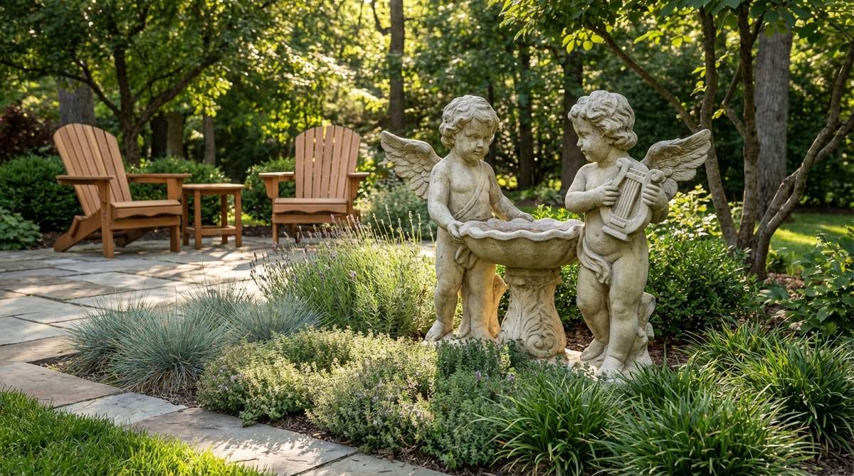 A detailed stone cherub fountain statuary, approximately 18-36 inches tall, featuring playful yet elegant figures holding vessels or instruments. Positioned near garden seating areas or bed edges where daylight highlights the intricate facial features and wings. Surrounded by low-growing herbs and ornamental grasses that complement the detailed carving without obscuring it.