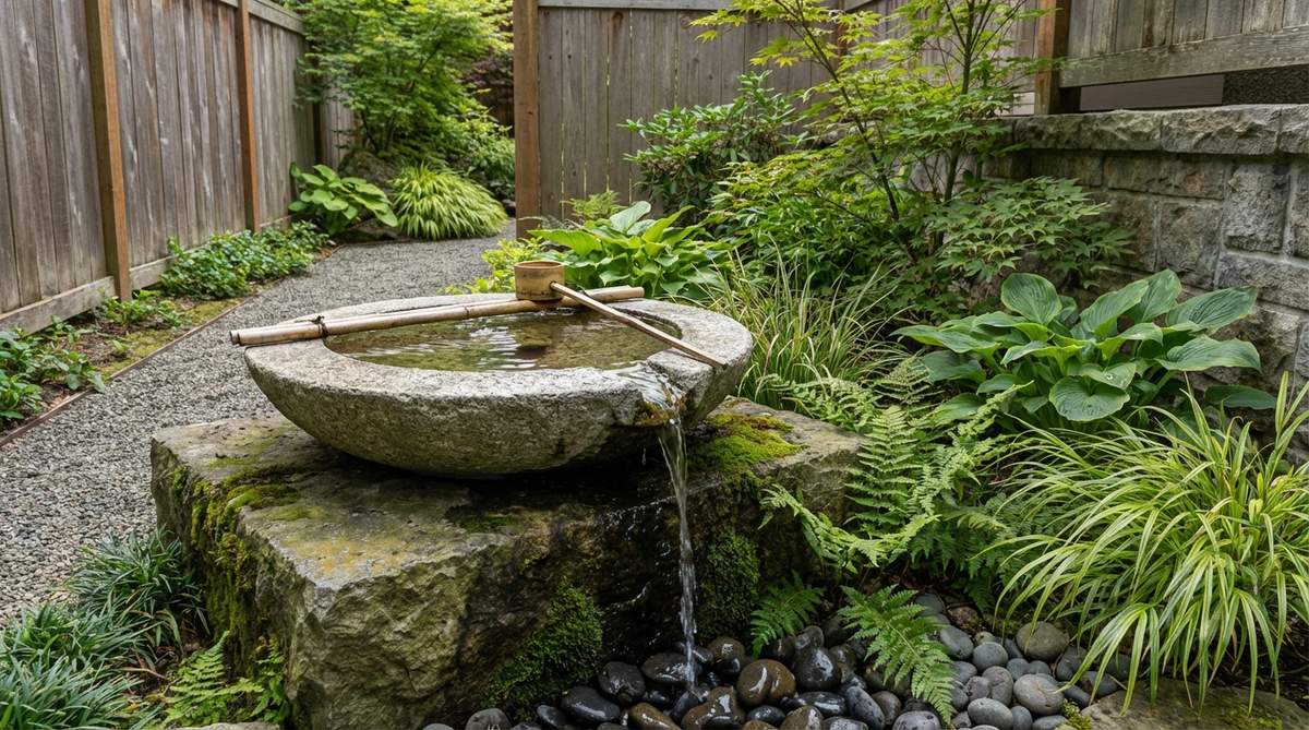 A shallow granite chozubachi basin positioned at waist height on a stable platform in a residential zen garden, with a bamboo dipper resting across the rim and water gently overflowing from a recirculating pump hidden beneath surrounding plants.