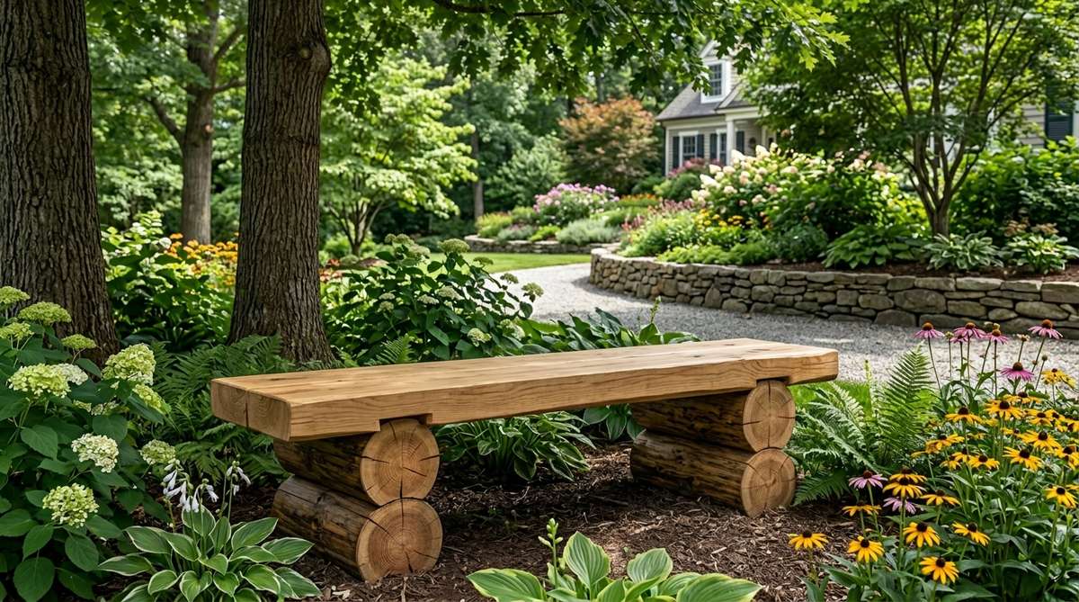 A rustic garden bench made from reclaimed timber beams or thick planks, featuring two stacked log rounds as legs and a sanded plank seat secured with construction adhesive and lag screws. The bench has natural edges for organic character or chamfered corners for refined comfort, finished with exterior-grade polyurethane to protect the wood while showcasing grain patterns and natural knots. Positioned at a garden viewpoint or beneath shade trees, it provides a contemplative resting spot and grounds lighter plantings with its substantial mass, adding visual weight to anchor the garden composition.