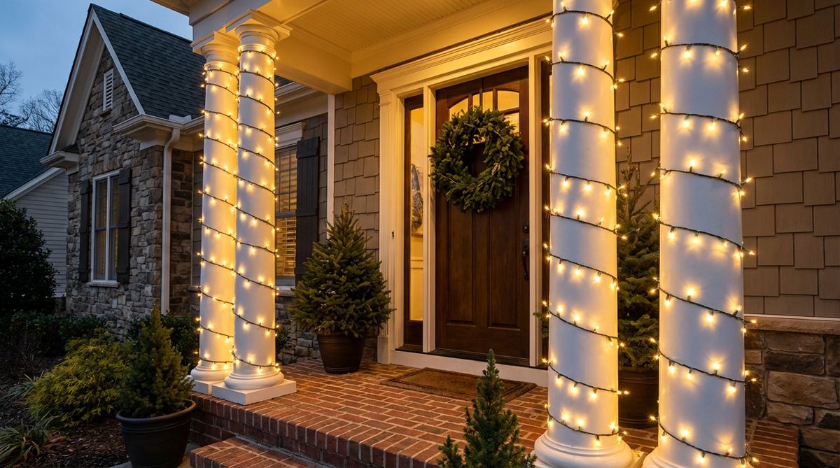 A close-up view of classical porch columns wrapped in a spiral pattern with warm white mini Christmas lights, creating glowing pillars that frame a festive entrance. The vertical lighting balances horizontal roofline decorations and provides functional illumination for the entryway.