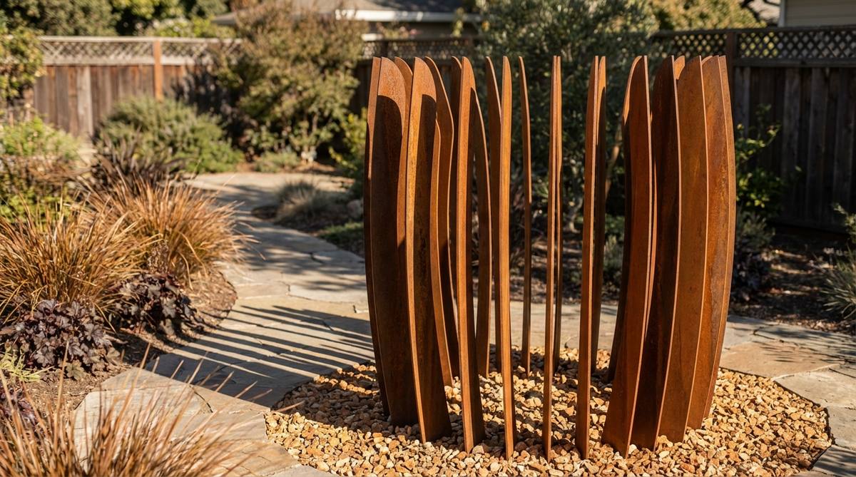 A vertical sculpture featuring Corten steel blades rising 6-8 feet, with a rust-orange patina that evokes autumn leaves and ancient rock formations. This weathering steel develops a protective oxidation, creating earthy russet hues that deepen over time, requiring no maintenance and blending naturally into garden settings. The spaced blades allow wind passage and cast intriguing shadow patterns, achieving an instant visual maturity that pairs well with warm-toned stone paths and bronze-leaved plants for cohesive color harmony.