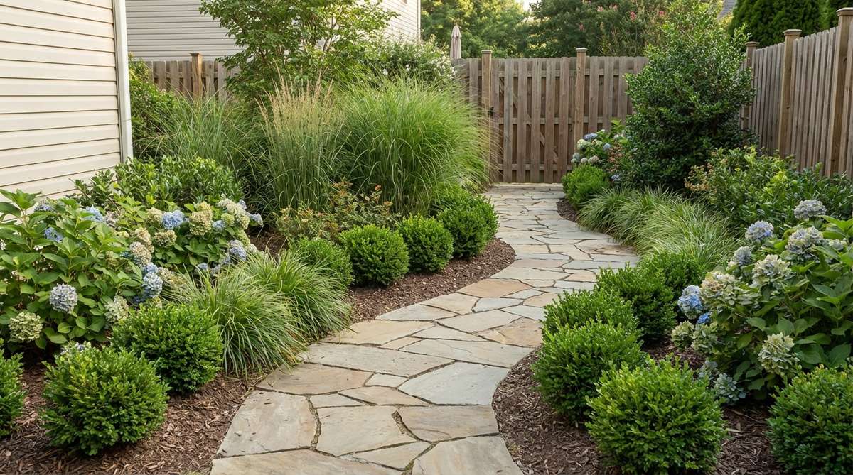 A curved pathway winds through a small backyard garden, featuring gentle arcs that slow foot traffic and create the illusion of a longer journey. Low shrubs and ornamental grasses are planted at the curve apexes to reinforce direction and block sightlines to the endpoint, adding mystery to the space.