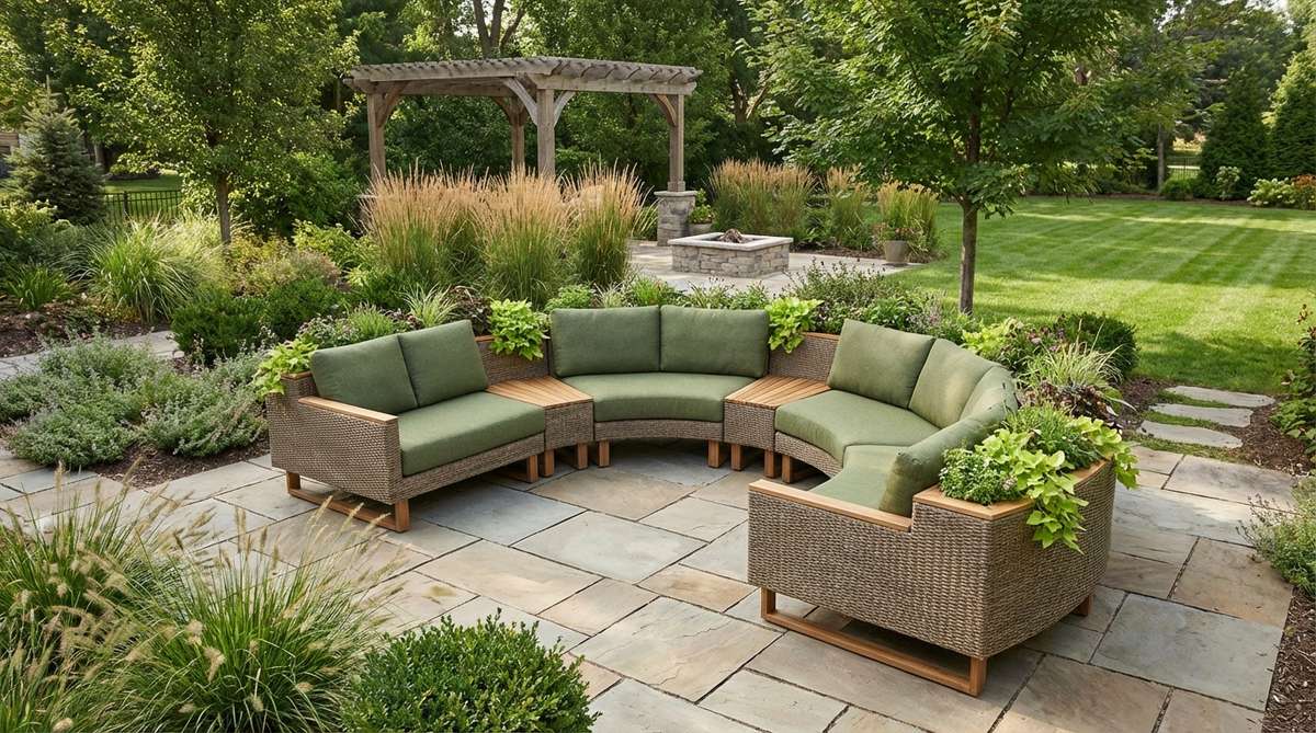 A modern garden furniture set featuring a curved sectional with biophilic design, showcasing organic curves, moss green upholstery, and synthetic rattan for durability in outdoor spaces.
