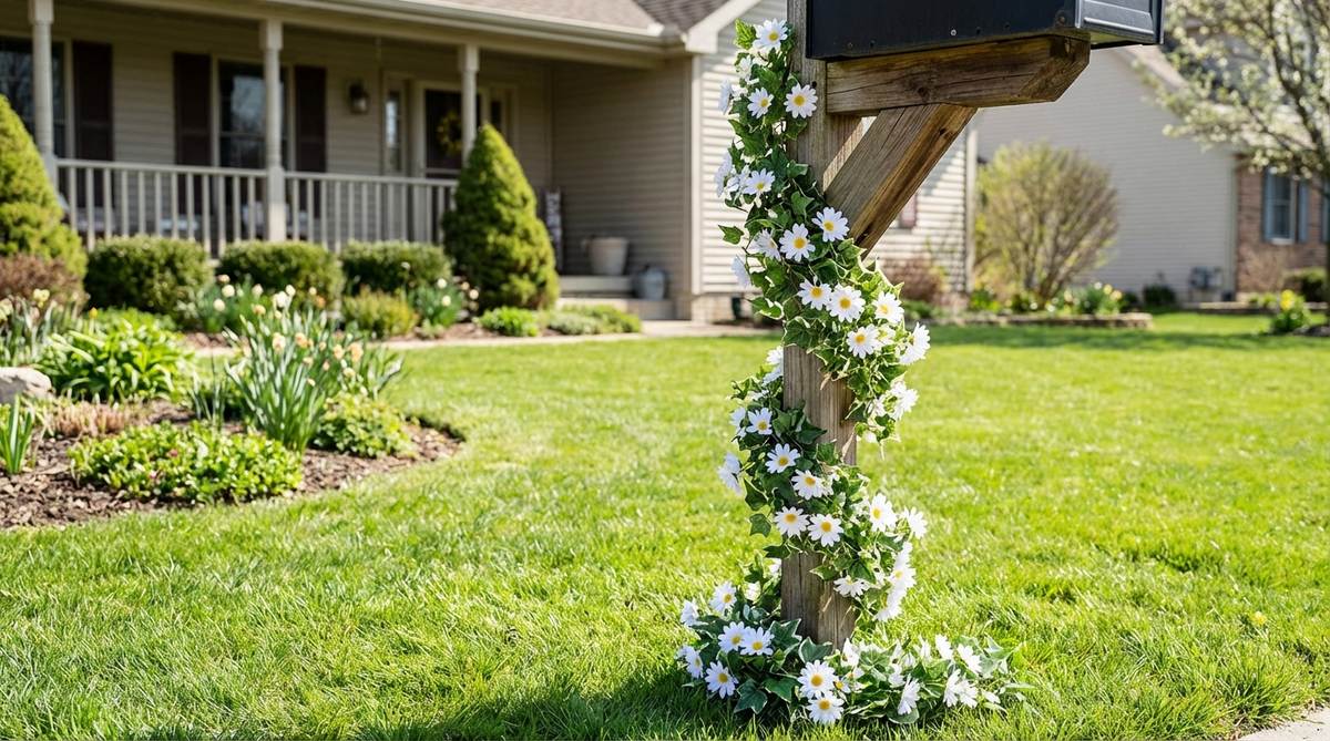 A six-foot garland with weatherproof silk daisies and ivy strands wrapped around a mailbox post, providing colorful outdoor spring decor that withstands full sun exposure and requires minimal maintenance.