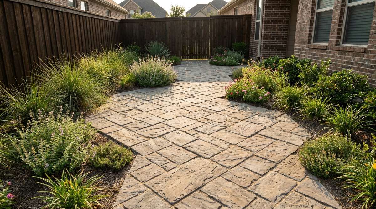 An image showing diagonal paving patterns in a small garden backyard, illustrating how pavers set at 45-degree angles create visual movement and make narrow spaces appear wider, with contrasting border strips to enhance the effect.