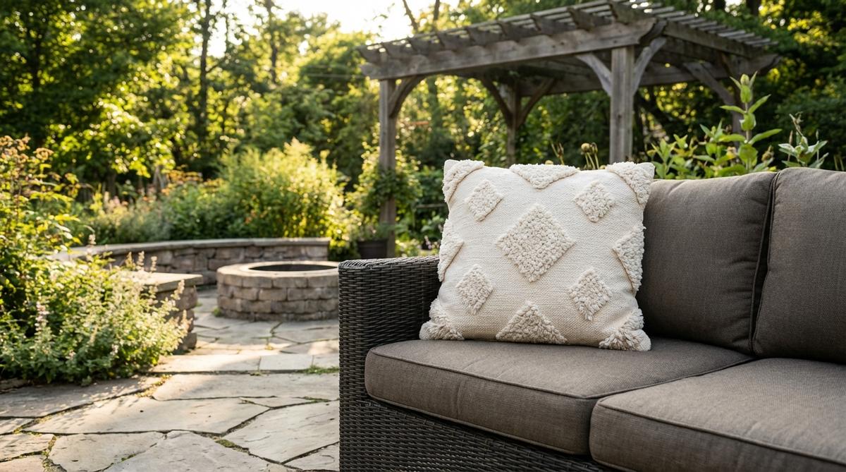 A boho decor pillow with raised diamond tufting on a textured surface, designed for outdoor use with weather-resistant polyester fill, ideal for deep-seated sofas in casual, relaxed spaces.