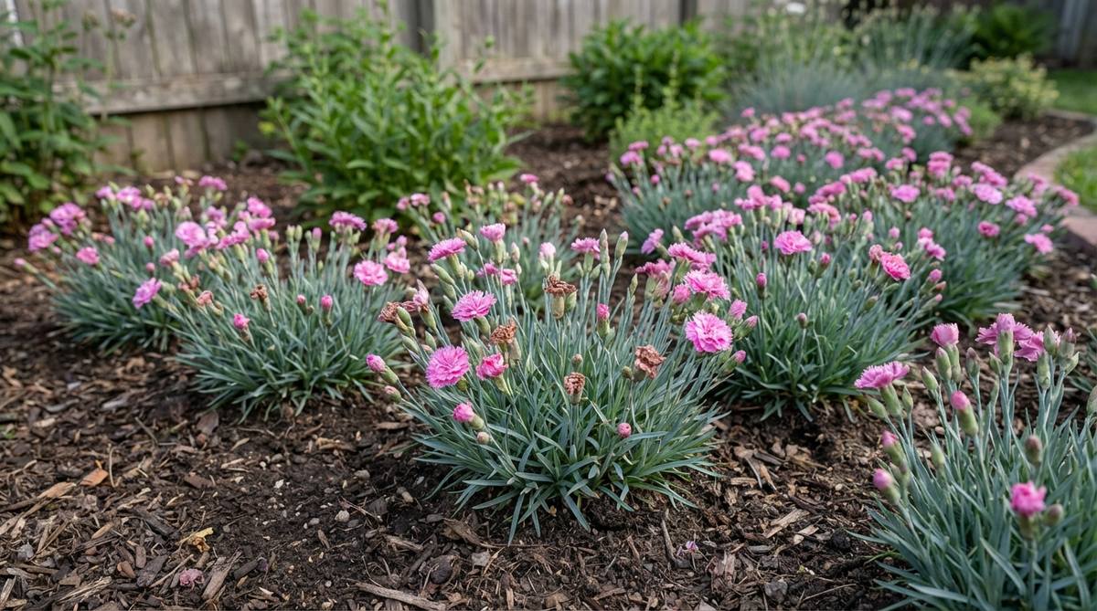 A close-up view of Dianthus Ribbon Border plants showcasing their blue-gray evergreen foliage and vibrant pink, spicy-scented blooms. The compact 6-10 inch plants are spaced 8 inches apart in a small garden cottage bed, with deadheaded flowers to encourage reblooming from late spring through early fall.
