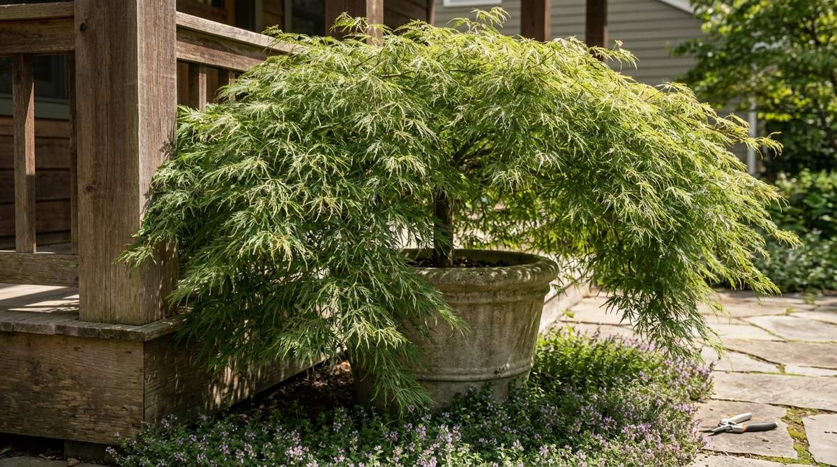 A close-up photo of a Dissectum Viride Laceleaf Maple tree in a small garden setting, showcasing its cascading branches with finely cut green leaves forming a feathery texture. The weeping habit of the tree is visible as it softens the edges of a container and architectural corner, with the tree growing wider than tall in a 30-inch wide pot. The image highlights the tree's suitability for small gardens, its maintenance needs like selective pruning for airflow, and its compatibility with underplantings like creeping thyme in partial sun conditions.