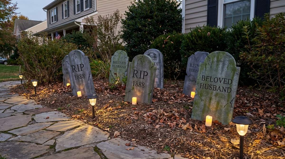 A classic DIY graveyard setup for Halloween, featuring weathered tombstones made from foam or resin, arranged with crooked angles and uneven spacing for an organic, unsettling look. Includes tips on carving, painting with gray and mossy green for a stone effect, adding LED candles, and using solar-powered path lights for safe navigation.