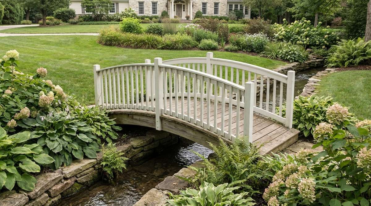 A small garden bridge with two gentle arches, featuring picket-style railings that create elegant symmetry, ideal for English or Victorian-inspired landscapes.