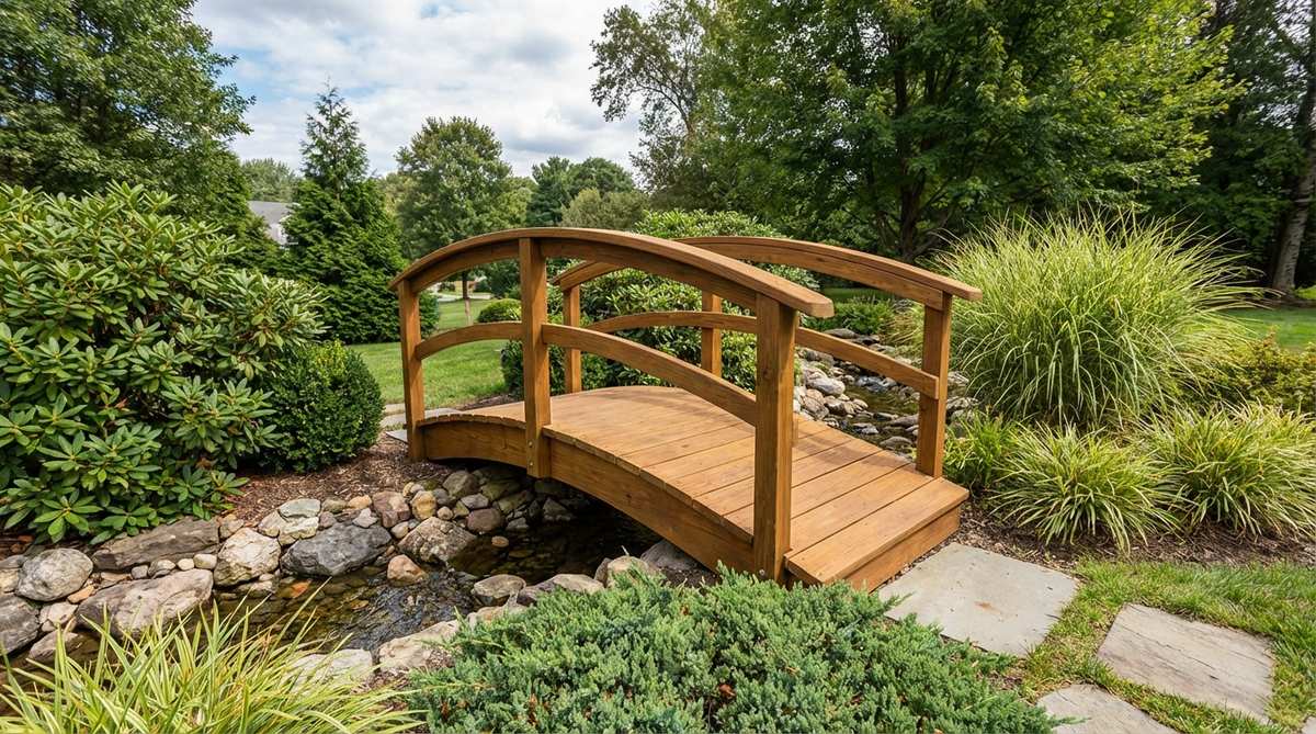 A mini garden bridge made of pressure-treated pine with dual handrails for safety, featuring an arched design suitable for family gardens. The 32-inch rail height meets accessibility standards, and it is ideal for crossing water features in active landscapes with children and pets. Stained in neutral or bold colors to blend or stand out against evergreen backgrounds.