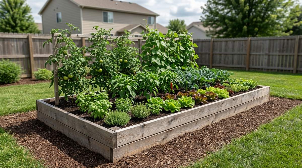 A 4x8 foot rectangular raised garden bed made from rot-resistant cedar or composite materials, filled with a premium soil blend for optimal drainage and nutrient retention, featuring a graduated height arrangement of plants including trellised crops, mid-height plants, and low-growing herbs or lettuces.