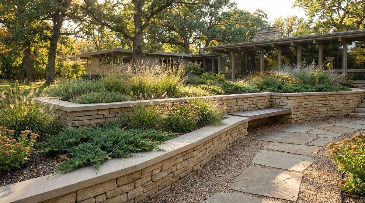 A geometric dry-stacked stone retaining wall made from Lannon stone or similar regional materials, featuring clean horizontal cap stones and a height between 18-36 inches. The wall creates textured vertical planes that define elevation changes in a mid-century modern garden, serving as seating edges and planter borders while maintaining the period's preference for natural materials.