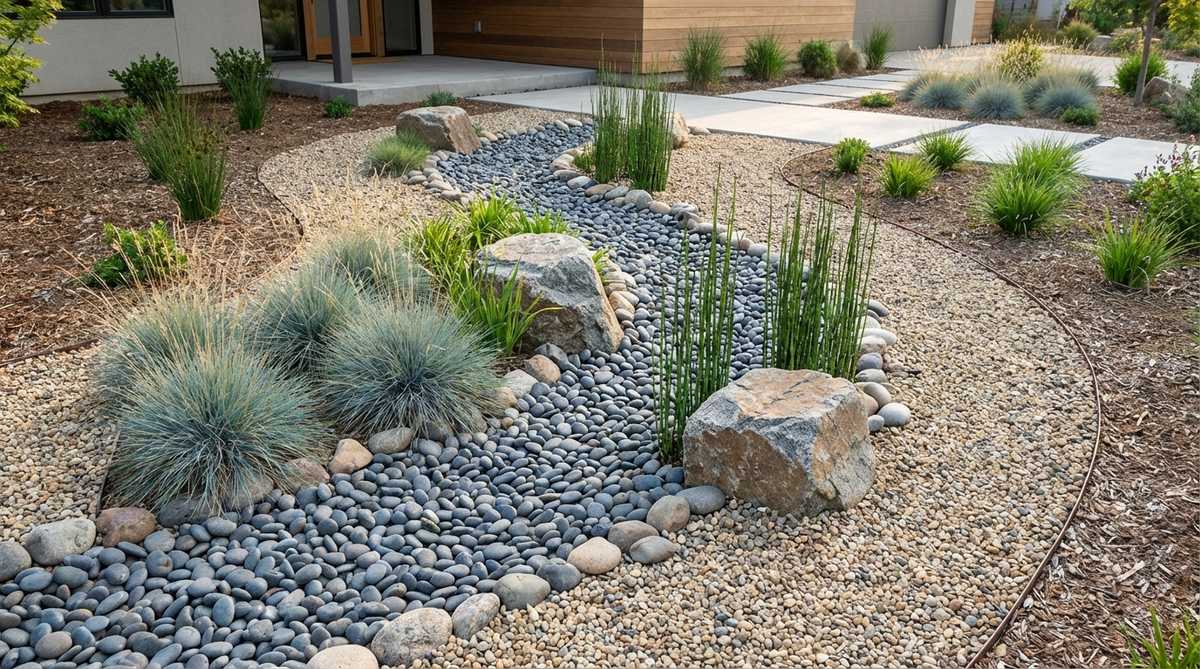 A modern front yard dry stream garden featuring a curving river of dark pebbles flowing through lighter gravel, mimicking natural waterways without irrigation. Boulders placed at curves serve as visual anchors, with flanking plants like sedges, horsetail reeds, and blue fescue reinforcing the riparian aesthetic. This design provides effective drainage channels and adds organic movement to rectilinear architecture, guiding runoff toward permeable collection areas.