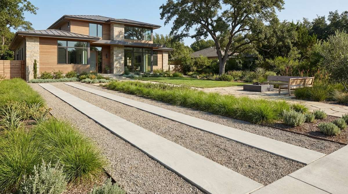 A modern garden design featuring a dual-strip driveway with two parallel concrete strips set within gravel or grass, reducing impervious coverage and enhancing rainwater absorption. This Hollywood-style approach maintains structural integrity, creates strong sightlines toward focal points, and is designed with each strip at 12-15 inches wide to accommodate standard vehicle tires.