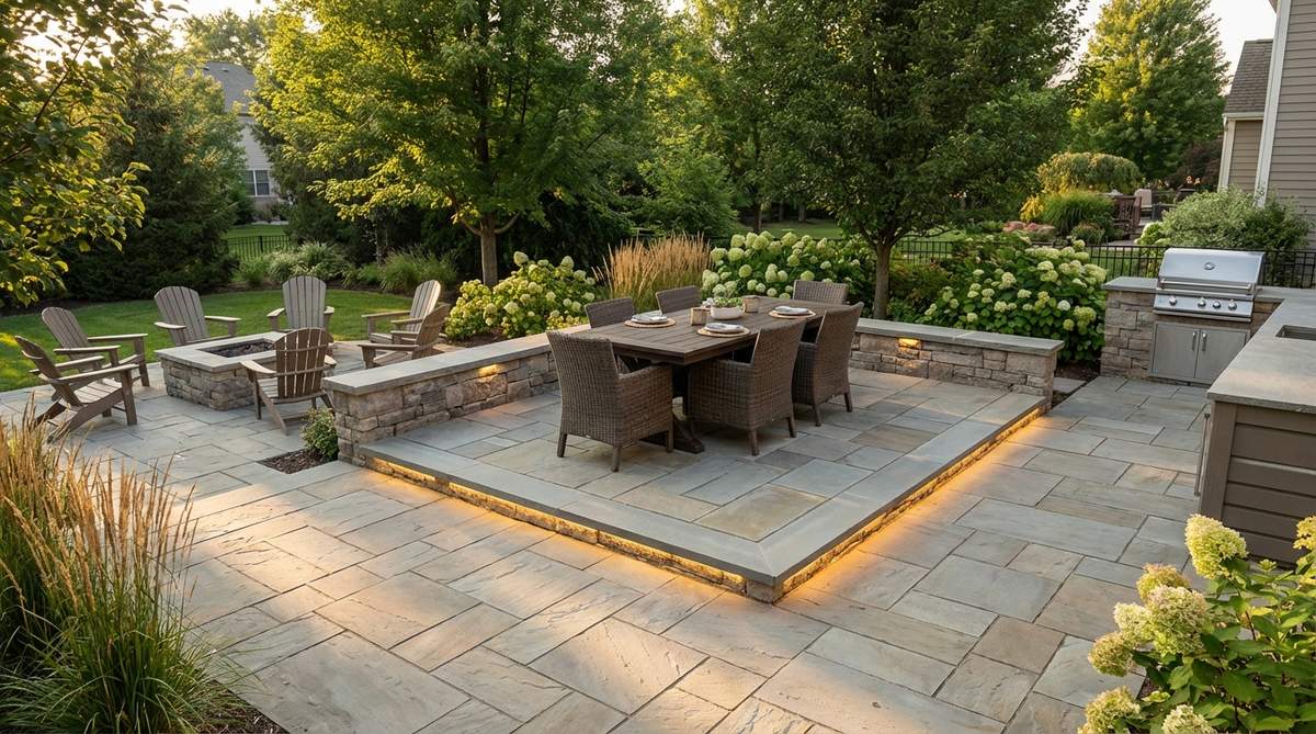An elevated dining platform on a patio, raised 8-12 inches above the main level with matching paving materials and integrated LED strip lighting for evening ambiance.