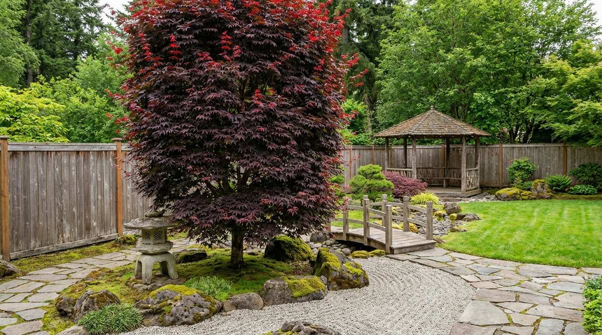 A mature Emperor Maple tree in a Japanese garden setting, showcasing its upright columnar growth habit and distinctive purple-red leaves that emerge bright red in spring. This cold-hardy cultivar is ideal for northern gardens with narrow planting spaces.