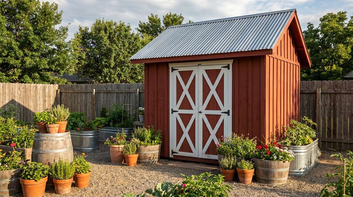 A red-painted board-and-batten mini garden shed with white X-pattern doors and a galvanized metal roof, ideal for rustic outdoor settings and container gardens.