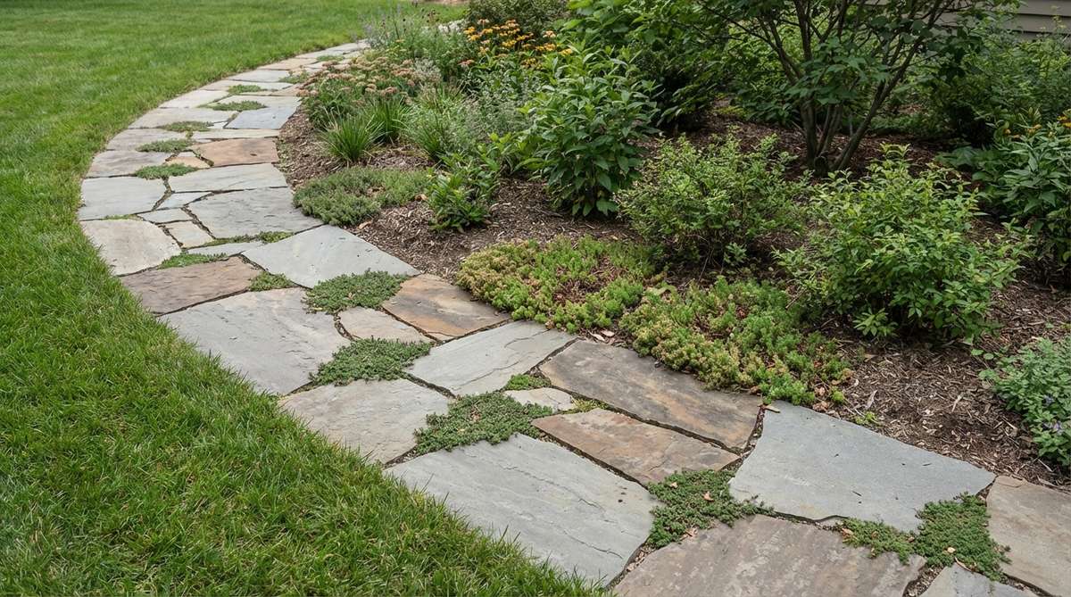 Irregular flat flagstone pieces arranged in a single-file border for garden edging, showing muted gray and brown stones laid horizontally with tight joints or deliberate gaps for ground cover plants.