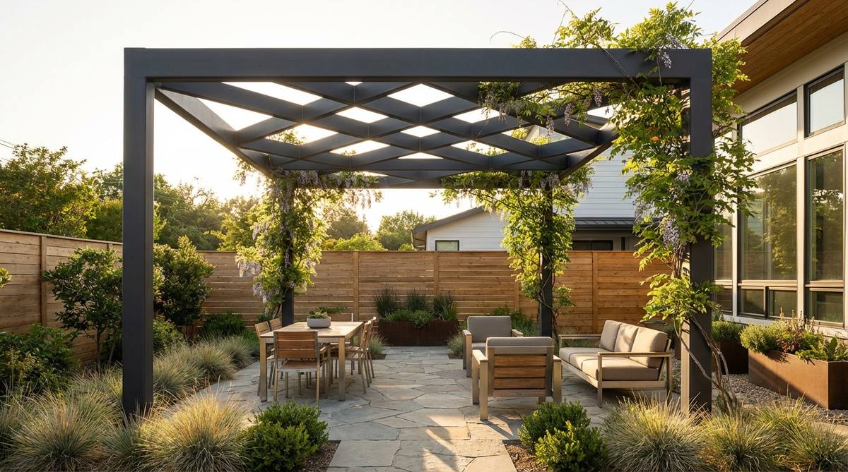 A modern flat-top steel pergola with perpendicular cross beams, constructed from heavy-gauge galvanized steel with powder coating. The geometric grid pattern creates dappled shade while maintaining sight lines, ideal for supporting wisteria vines in contemporary urban gardens.