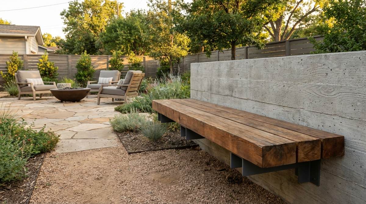 A contemporary garden bench featuring a floating design with a wood seat supported by metal brackets, ideal for wall-mounted installation in modern outdoor spaces.