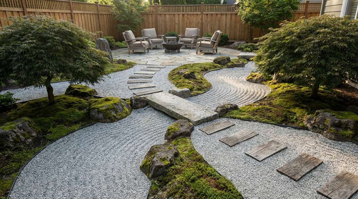 A serene image depicting S-shaped, flowing river curves in a Zen garden, with raked gravel arcs that meander to create movement and visual depth, contrasting organic patterns with rigid geometry.