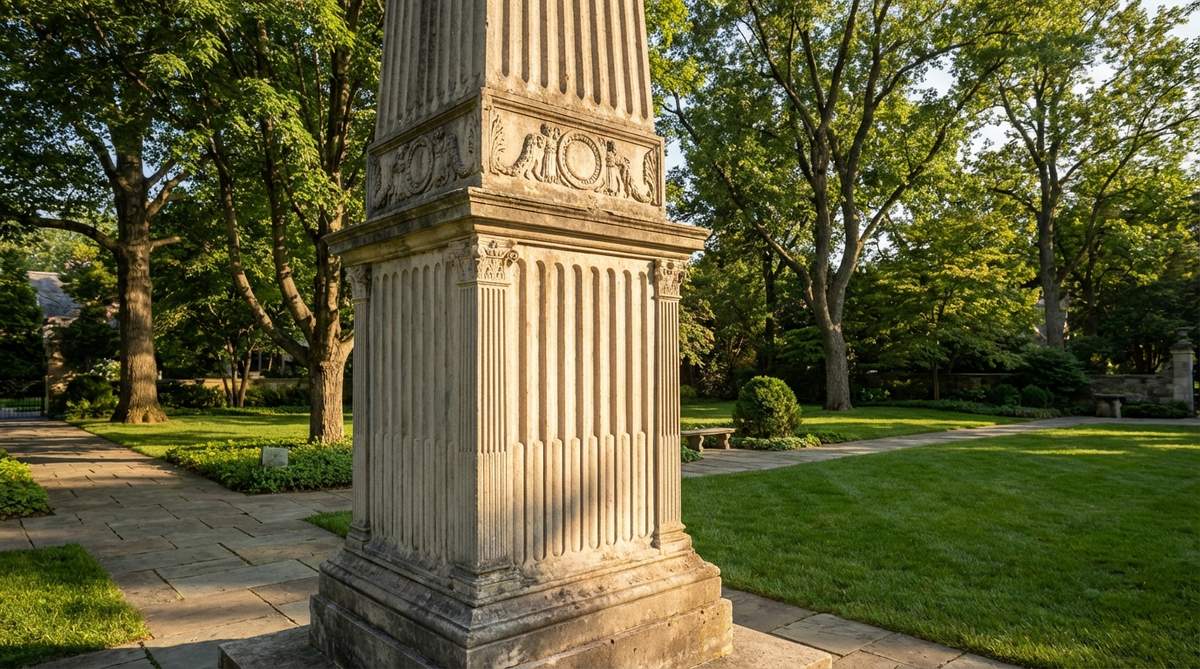 A limestone obelisk with vertical fluted columns, showcasing classical Roman architectural details. The grooves create visual rhythm and enhance the perception of height, ideal for sunny garden locations where shadows highlight the dimensional carvings.