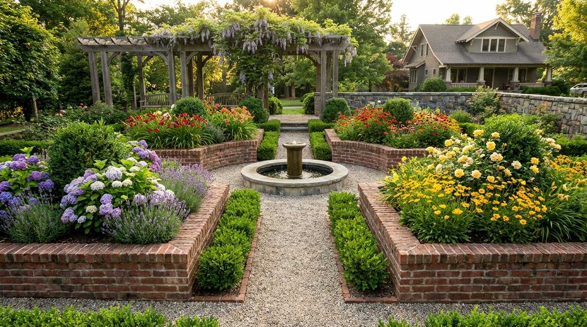 A formal garden layout featuring four symmetrical raised beds arranged around a central feature, with gravel or brick paths between them. The design provides structured contrast to informal plantings, with each bed showcasing distinct color palettes or plant families while maintaining cohesive repetition across the symmetrical grid.