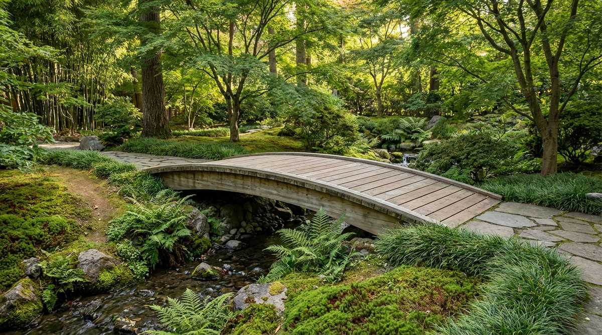 A subtle arched bridge with a gentle curve spanning 5 to 15 degrees, made of cedar decking over pressure-treated framing, crossing a narrow stream in a Japanese garden. Low groundcovers are planted along the approaches, emphasizing the bridge's modest rise and providing accessibility while maintaining symbolic arch geometry.