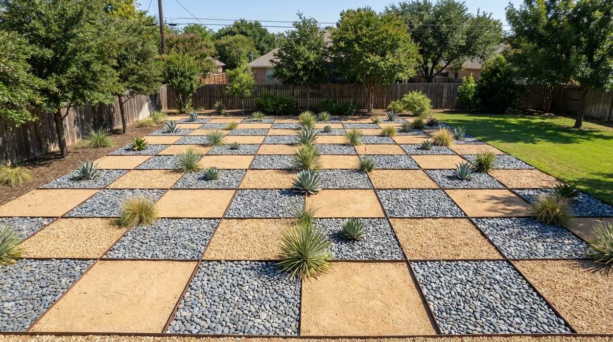 Aerial view of a gravel garden with a geometric grid pattern layout, showing uniform squares created by metal or composite dividers. The checkerboard effect features alternating sections of buff-colored decomposed granite, gray river stone, and tan pea gravel. Plants are positioned symmetrically at grid intersections for visual impact, with the grid structure preventing material mixing and simplifying maintenance.