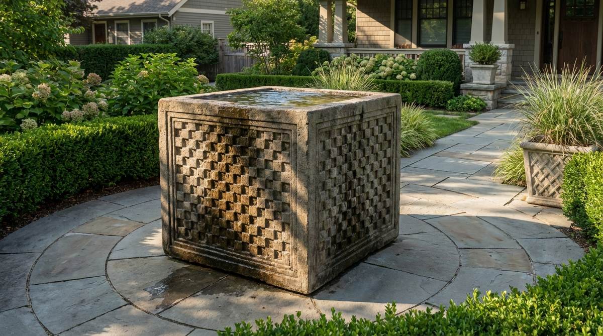 A dramatic carved stone cube water basin with intricate checkerboard lattice patterns cut into each vertical face, originating from Kyoto's Silver Pavilion temple. This geometric design represents the intersection of natural forms and human artistry, featuring deep relief patterns that cast shifting shadows as sun angles change. The substantial stone thickness and commanding presence make it suitable for formal garden entries or courtyard focal points where visitors can appreciate the carved detail from multiple viewing angles.