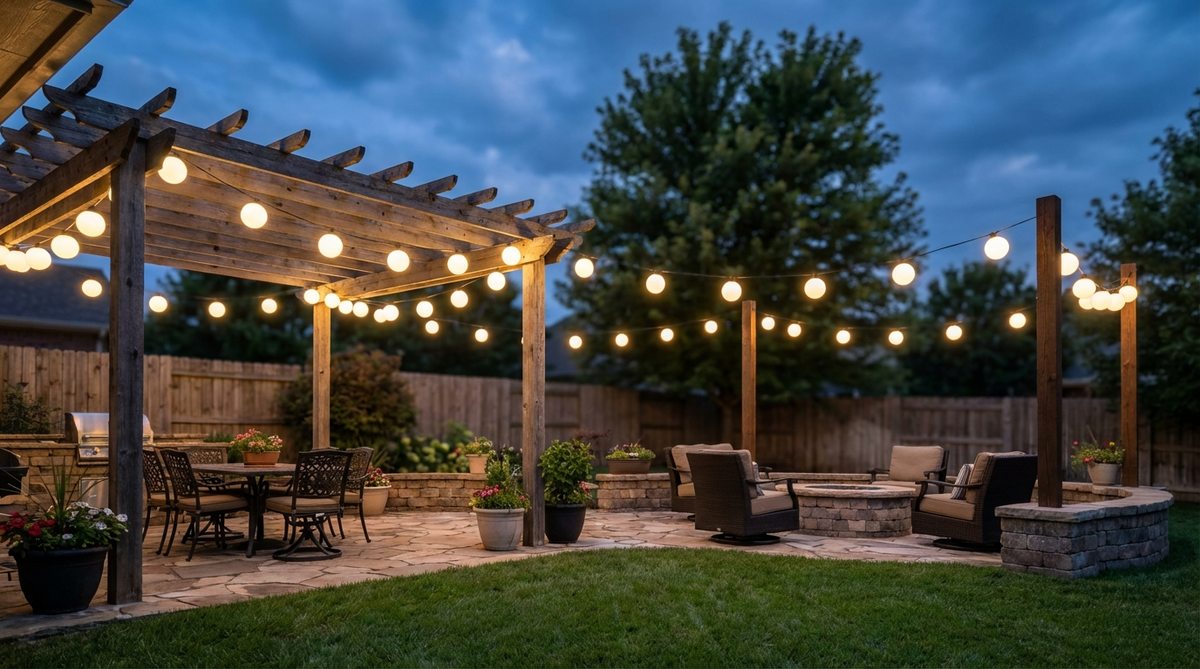 An image showing globe bulb festoon lighting with spherical opal glass diffusers mounted on a weatherproof cord, providing even omnidirectional light for patio spaces. The frosted globes prevent harsh glare, suitable for outdoor decor in intimate or expansive areas.