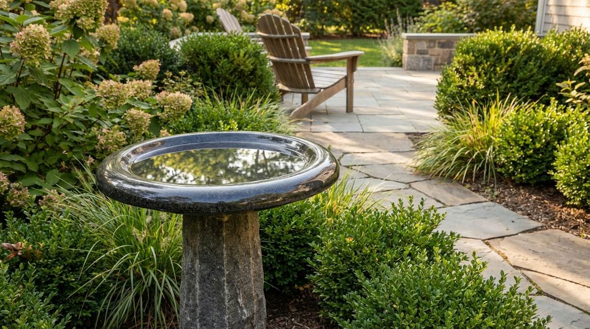 A polished granite bird bath installed on a solid pedestal at optimal height for birds, positioned near shrub borders in a garden to provide cover for wildlife while maintaining sightlines from seating areas, highlighting its reflective surface and resistance to algae buildup.