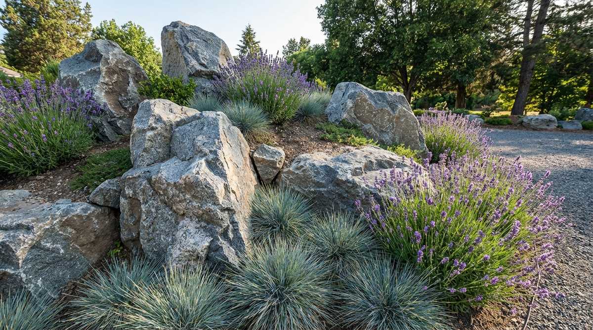 A natural arrangement of granite boulders in varying sizes, partially buried to create an organic stone outcropping effect in a garden setting. The crystalline granite surfaces reflect light with subtle color variations from charcoal to silver-gray, surrounded by low ornamental grasses and lavender plantings that complement without competing with the stone formations.