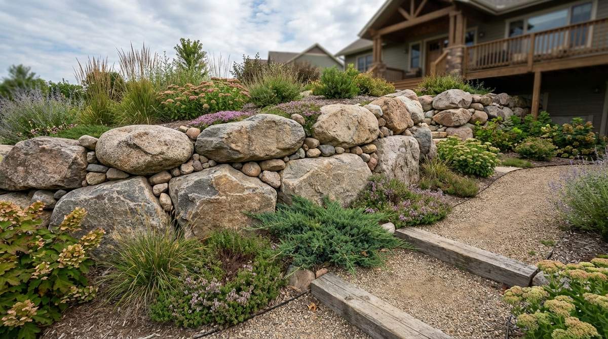 A strategic arrangement of large granite boulders forming a retaining wall on a slope, with smaller stones filling gaps to stabilize soil and create a dramatic focal point in an informal garden setting.