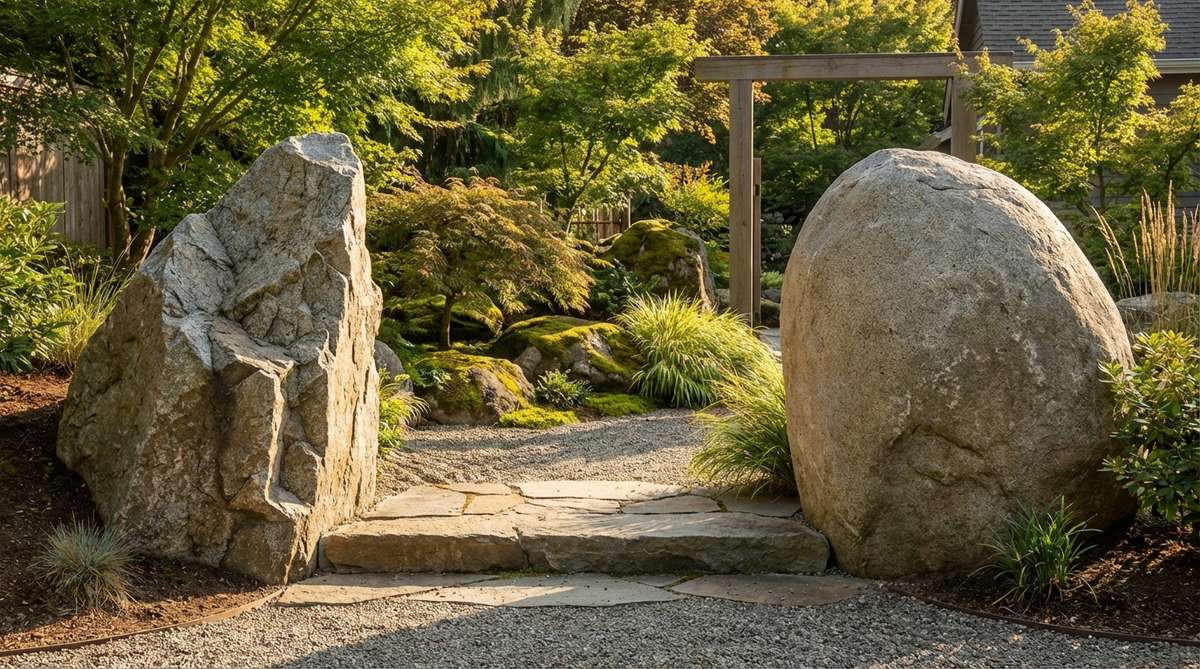 Two large upright boulders flanking a zen garden entrance, one angular and one rounded to represent male and female energies. The stones stand 4-6 feet tall, positioned 8-12 feet apart to frame the view and create a threshold boundary. Deeply buried to appear ancient, they anchor the garden composition visually and symbolically.