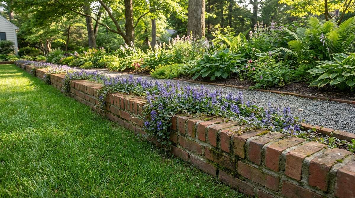 A European-style garden border featuring bricks installed vertically on their narrow edge in a soldier course pattern, creating a 3-4 inch tall border between lawn and planting beds. The bricks are shown positioned in mortar with precise vertical alignment, demonstrating how this method conserves space along pathways while adding architectural presence. Creeping plants like ajuga cascade over the top edge to soften the formal appearance, and the moisture-absorbing clay bricks display an attractive patina over time.