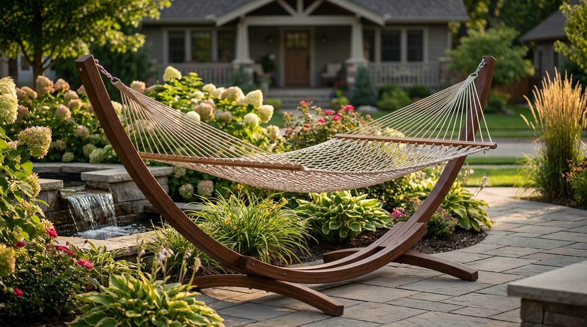A freestanding hammock with a sturdy wooden stand made of acacia or teak, positioned near flower beds or water features for scenic relaxation. The hammock features spreader bars to maintain width and adjustable hanging points for customizable tension and sway, ideal for portable garden furniture.