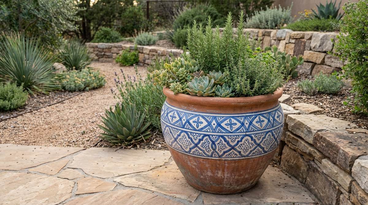 A terracotta pot decorated with blue and white geometric Mediterranean patterns, showcasing traditional ceramic techniques for garden design, with drought-tolerant succulents or herbs planted inside.