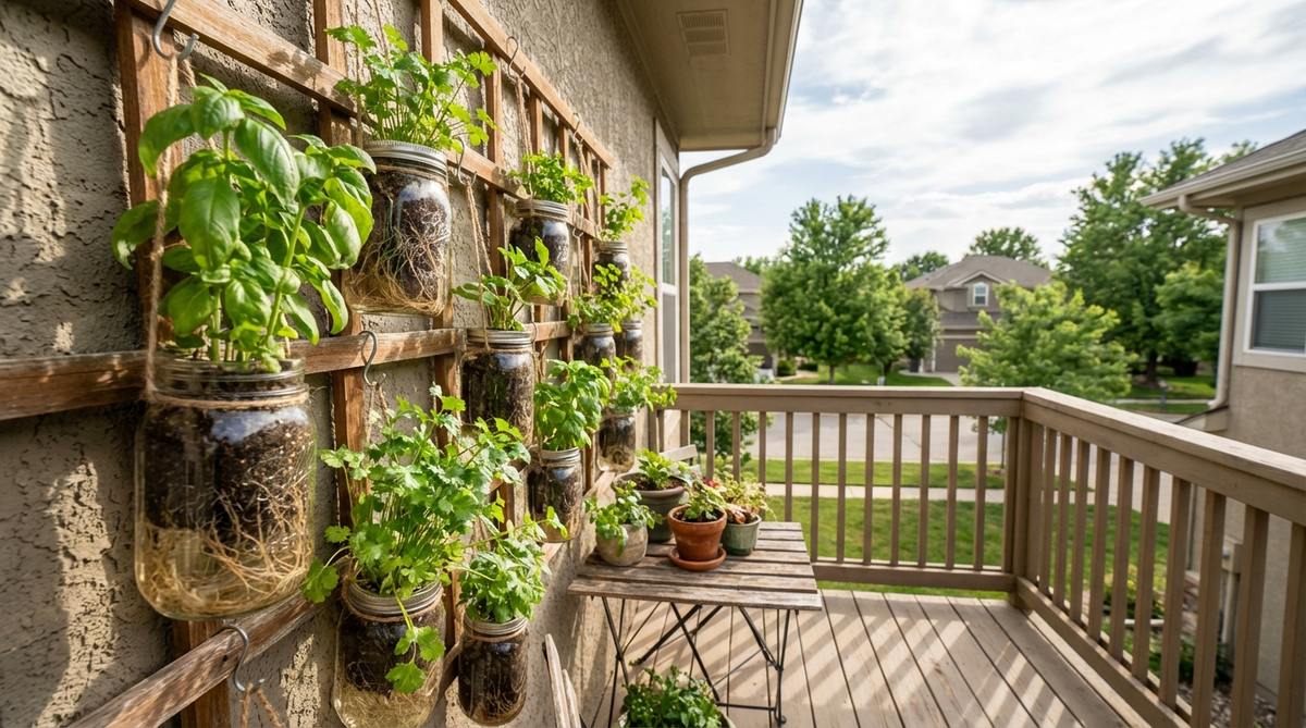 A creative balcony decor idea featuring glass mason jars suspended at varying heights to create an artistic focal point. The transparent containers showcase root systems while adding industrial-chic aesthetics, perfect for planting fast-growing herbs like basil, cilantro, and parsley for continuous harvests. This functional arrangement brings beauty to vertical surfaces with options for drainage or water propagation.