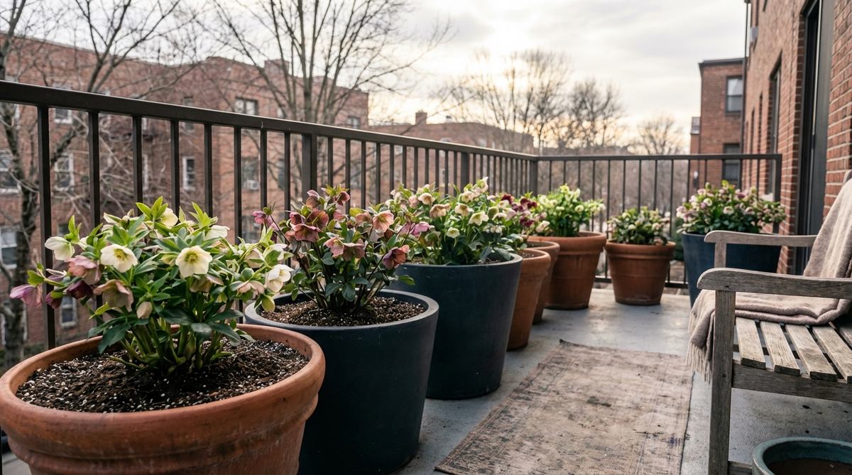 Evergreen hellebores with nodding cup-shaped flowers in cream, pink, and maroon colors blooming on an urban balcony in late winter through early spring. Planted in deep containers with rich, well-draining soil mix, these shade-tolerant plants provide color when balconies need it most.