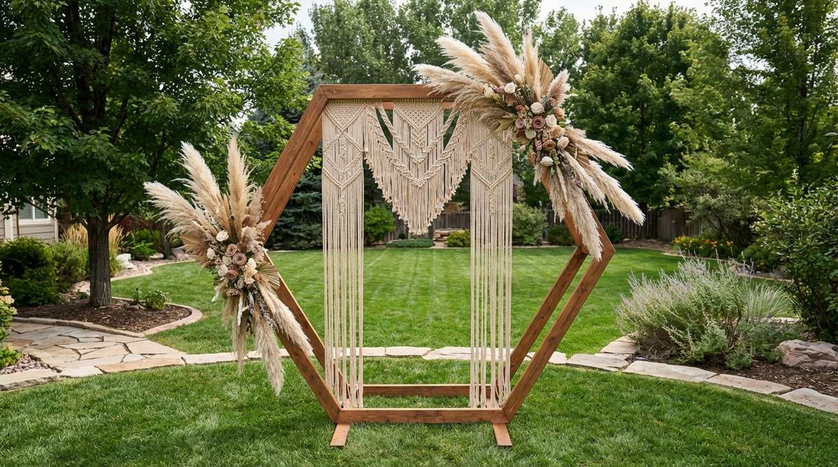 A hexagonal wooden frame with sections wrapped in macrame and pampas grass plumes extending beyond the boundaries, showcasing bohemian wedding decor with contemporary geometry.