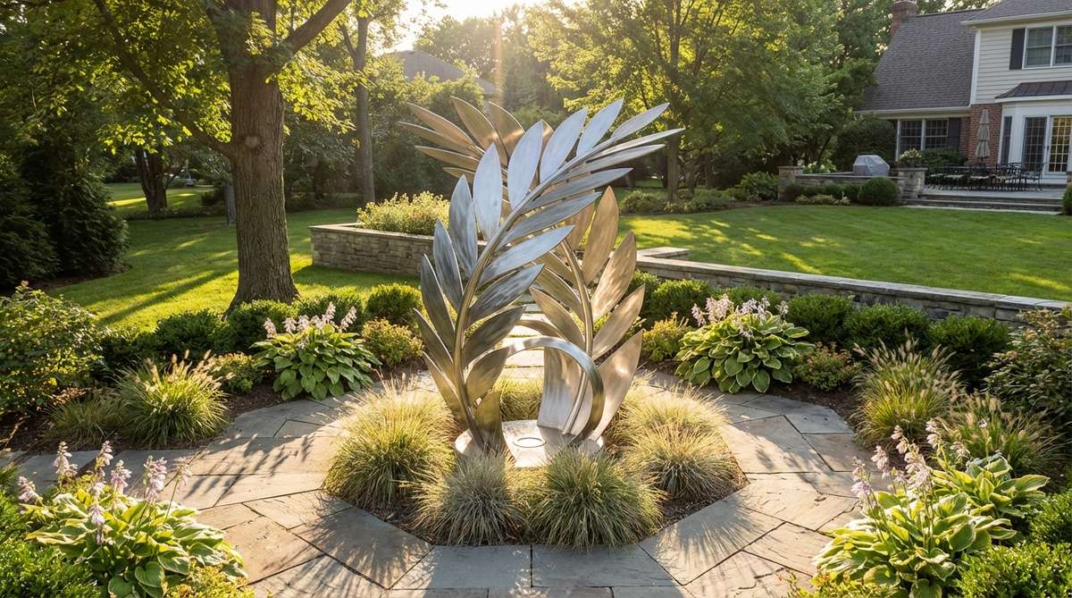 A contemporary stainless steel sculpture featuring overlapping leaf-like fronds that create organic movement, designed to interact with light and shadow in garden spaces. It captures sunlight during the day and is enhanced by a central spotlight at night, making it ideal for transitional garden areas.